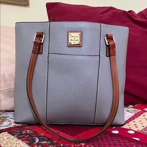 Dooney & Bourke Small Gray Leather Lexington Tote with brown accents.